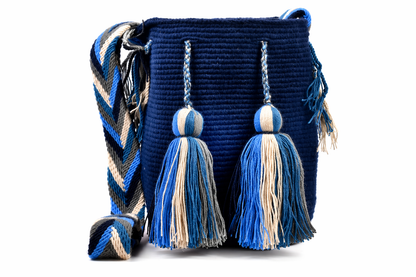 Navy Crochet Wayuu Mochila Bag with Tassel Detail
