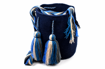 Navy Crochet Wayuu Mochila Bag with Tassel Detail