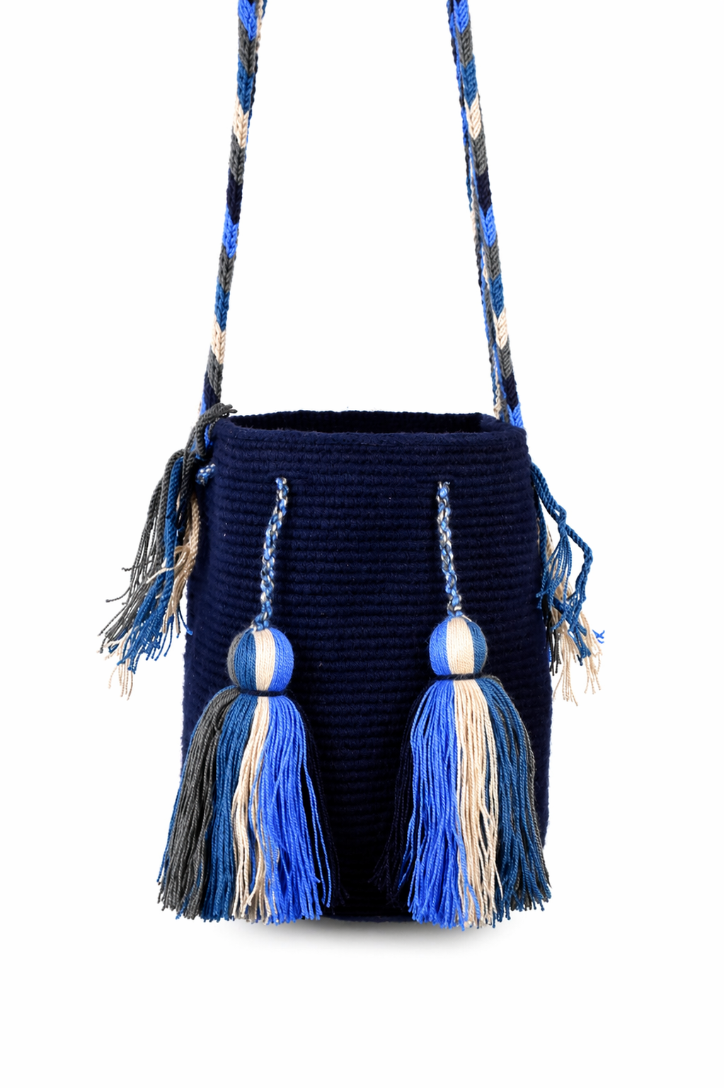 Navy Crochet Wayuu Mochila Bag with Tassel Detail