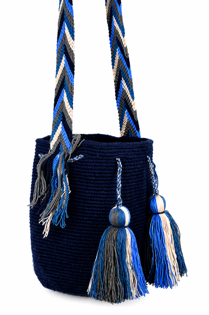Navy Crochet Wayuu Mochila Bag with Tassel Detail