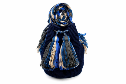 Navy Crochet Wayuu Mochila Bag with Tassel Detail