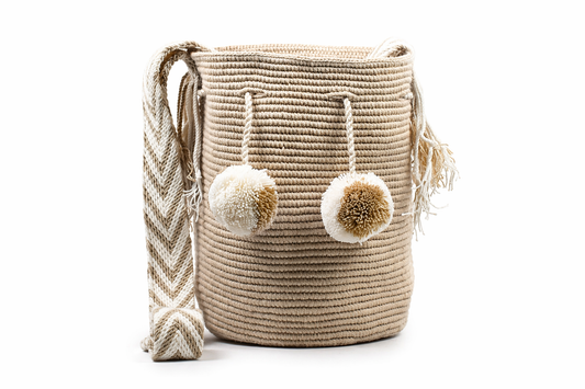 Medium - Beige & White Pom Pom