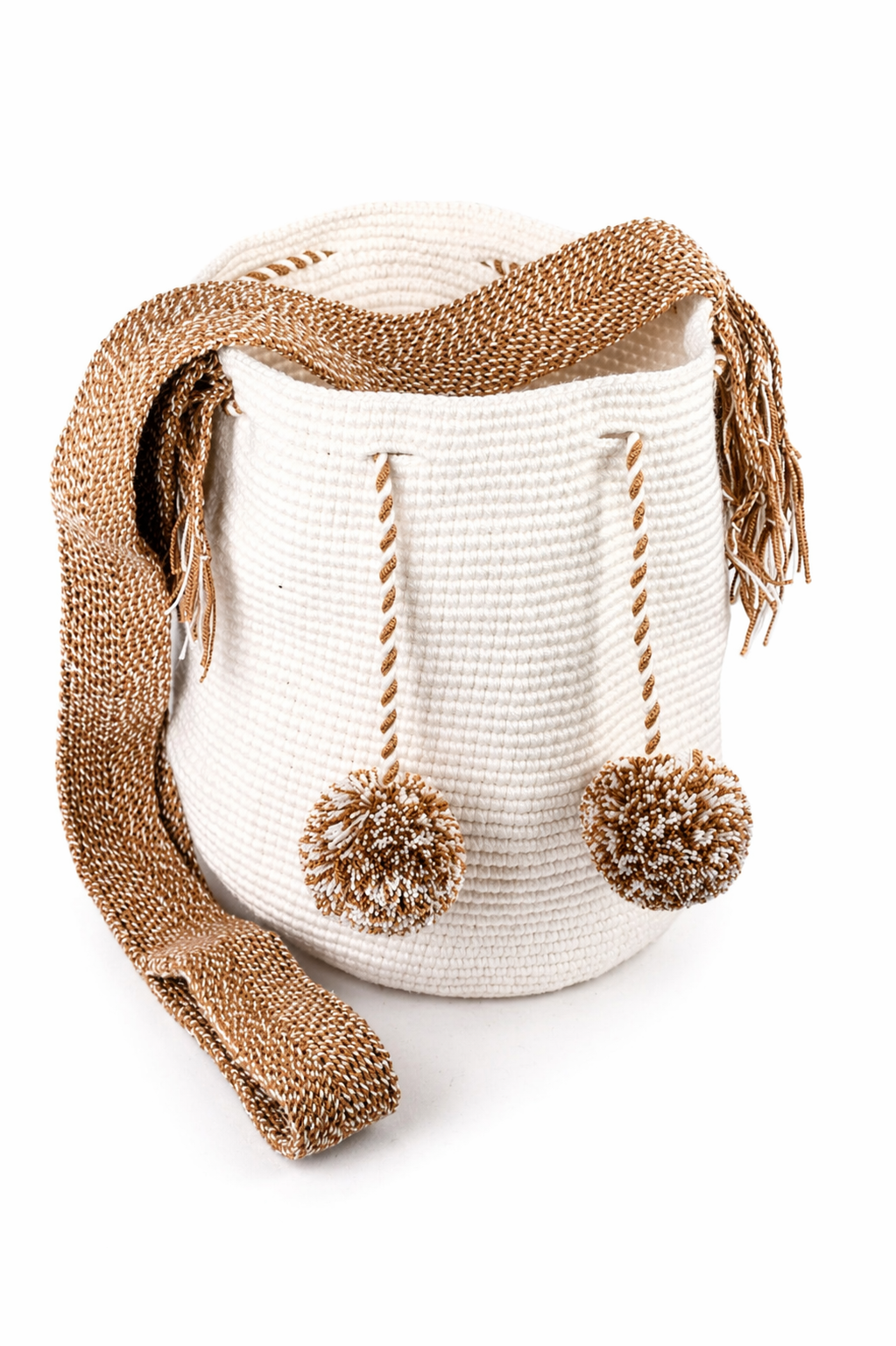 Beige Handmade Wayuu Mochila Shoulder Bag with Cream Pom Poms
