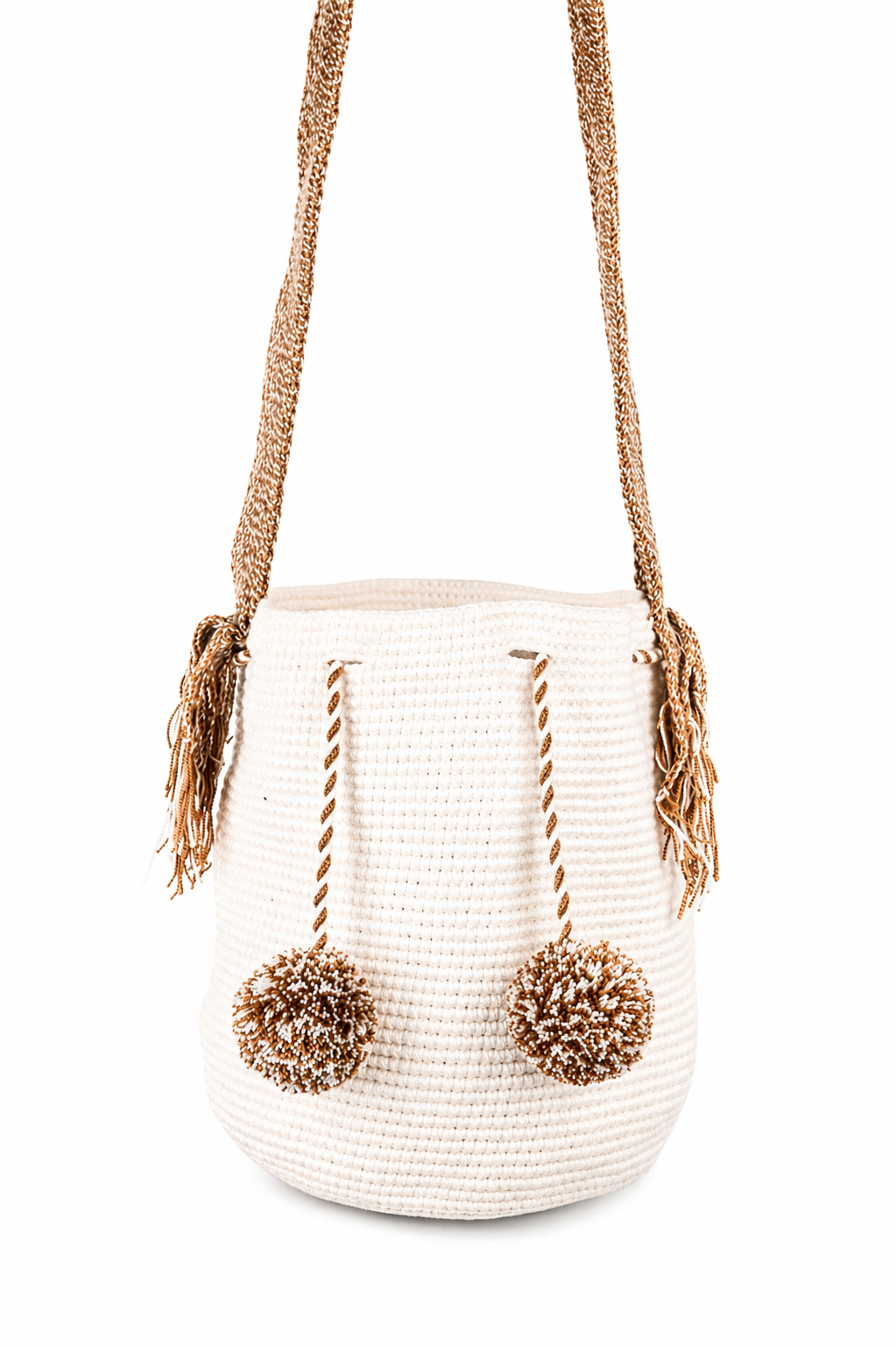 Beige Handmade Wayuu Mochila Shoulder Bag with Cream Pom Poms