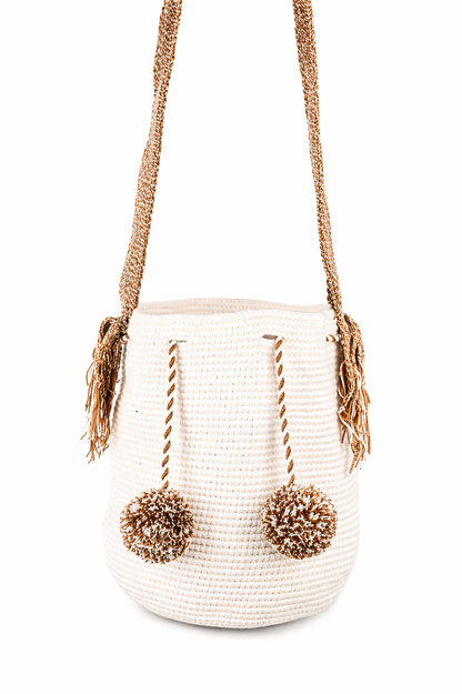 Beige Handmade Wayuu Mochila Shoulder Bag with Cream Pom Poms