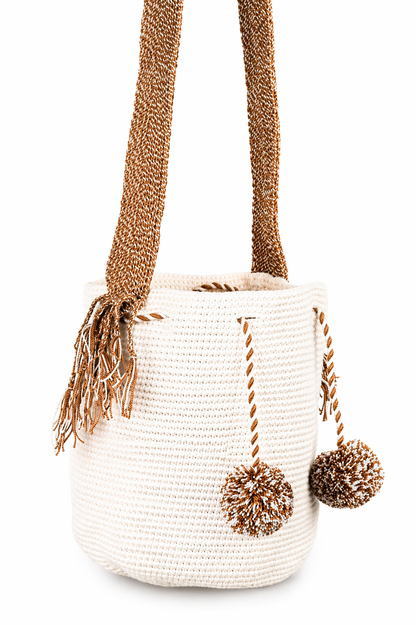 Beige Handmade Wayuu Mochila Shoulder Bag with Cream Pom Poms