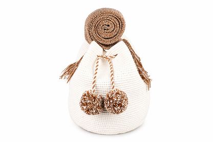 Beige Handmade Wayuu Mochila Shoulder Bag with Cream Pom Poms