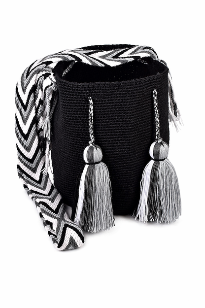 Handmade Colombian Wayuu Mochila Bag in Black and Grey