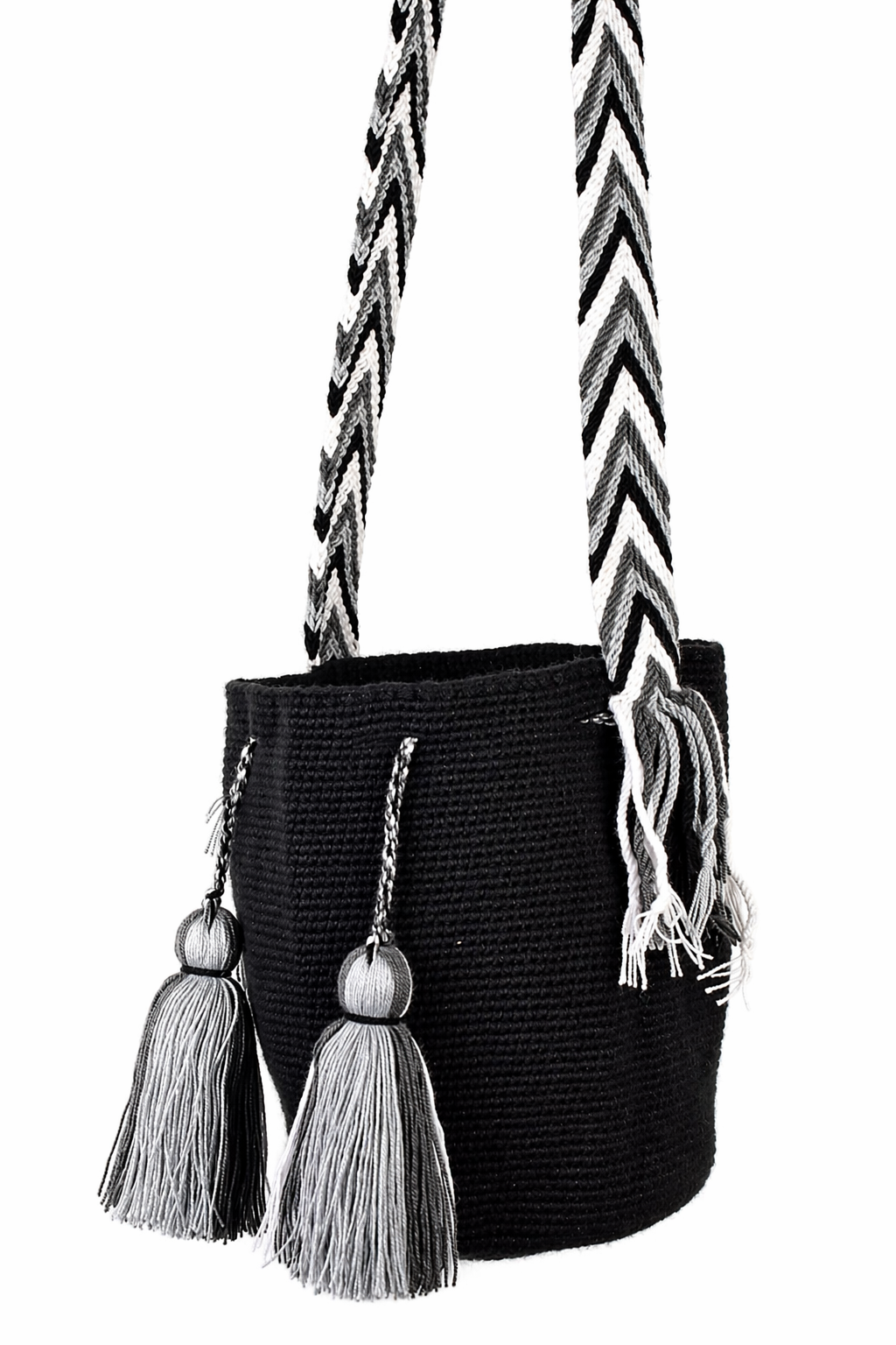 Handmade Colombian Wayuu Mochila Bag in Black and Grey