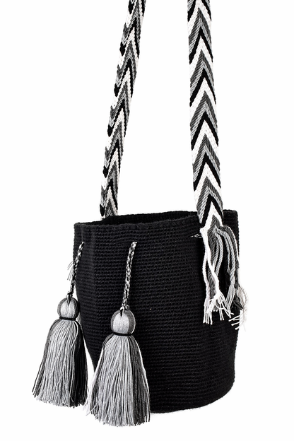 Handmade Colombian Wayuu Mochila Bag in Black and Grey