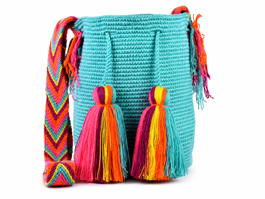 Turquoise Crochet Wayuu Shoulder Bag with Bright Tassel Detail