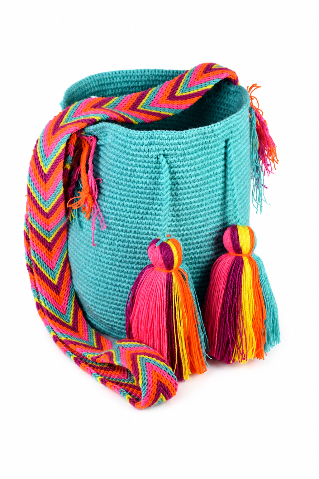 Turquoise Crochet Wayuu Shoulder Bag with Bright Tassel Detail