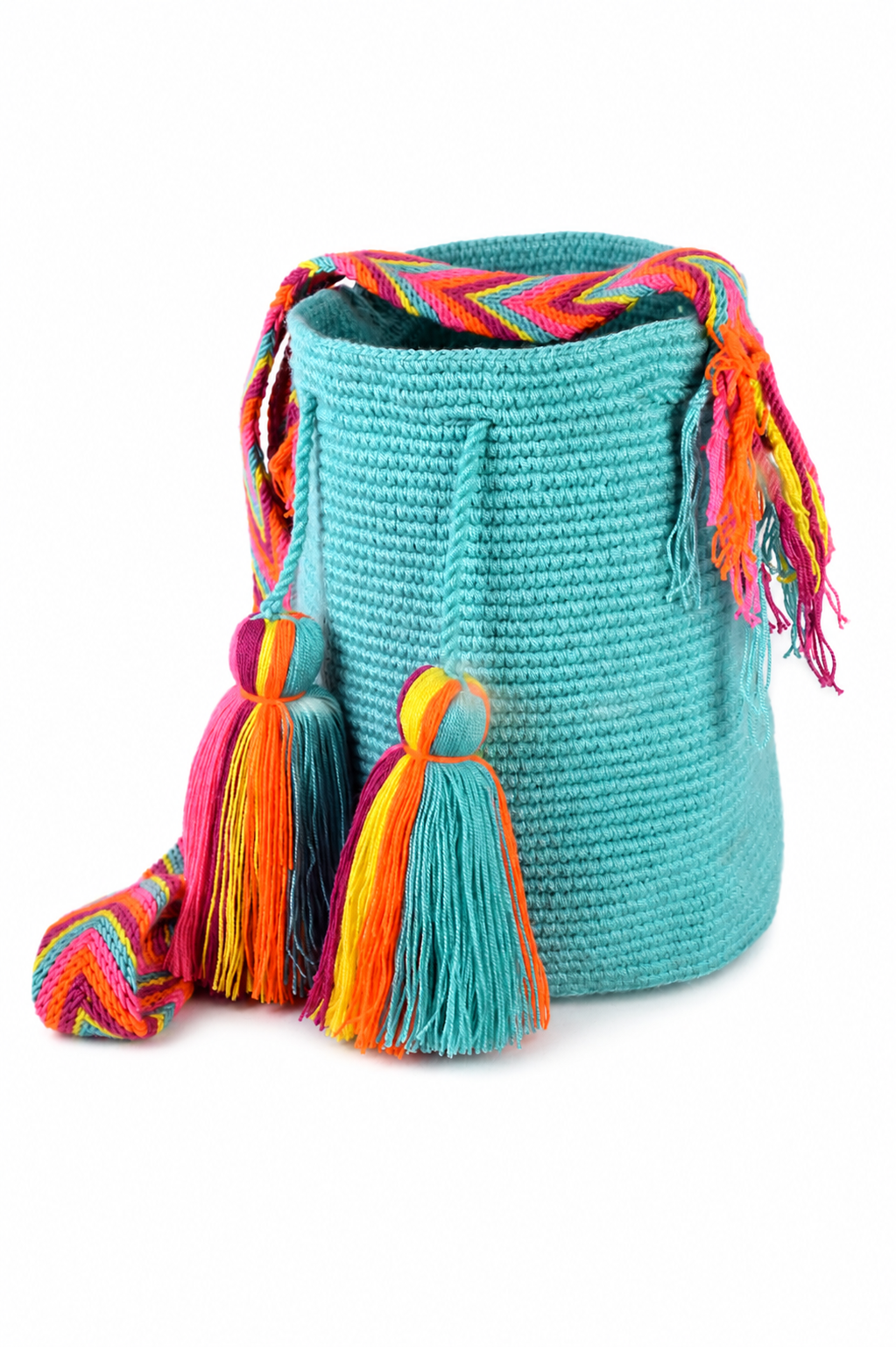 Turquoise Crochet Wayuu Shoulder Bag with Bright Tassel Detail