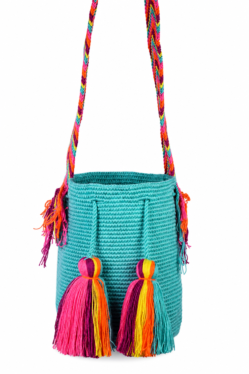 Turquoise Crochet Wayuu Shoulder Bag with Bright Tassel Detail