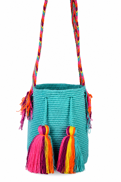 Turquoise Crochet Wayuu Shoulder Bag with Bright Tassel Detail