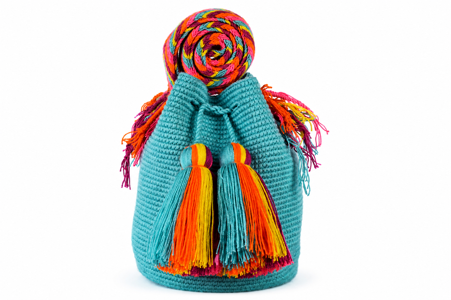 Turquoise Crochet Wayuu Shoulder Bag with Bright Tassel Detail