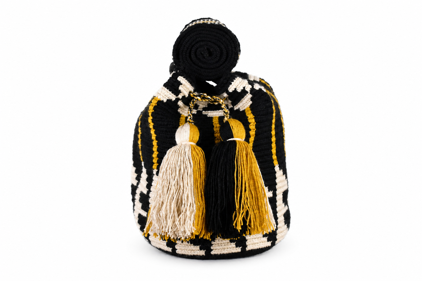 Black, Cream and Gold Handmade Wayuu Mochila Crossbody Bag with Geometric Pattern