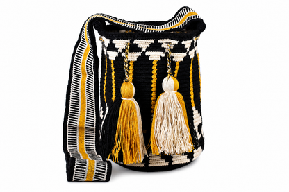 Black, Cream and Gold Handmade Wayuu Mochila Crossbody Bag with Geometric Pattern