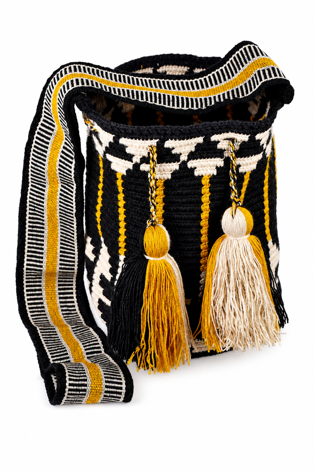 Black, Cream and Gold Handmade Wayuu Mochila Crossbody Bag with Geometric Pattern