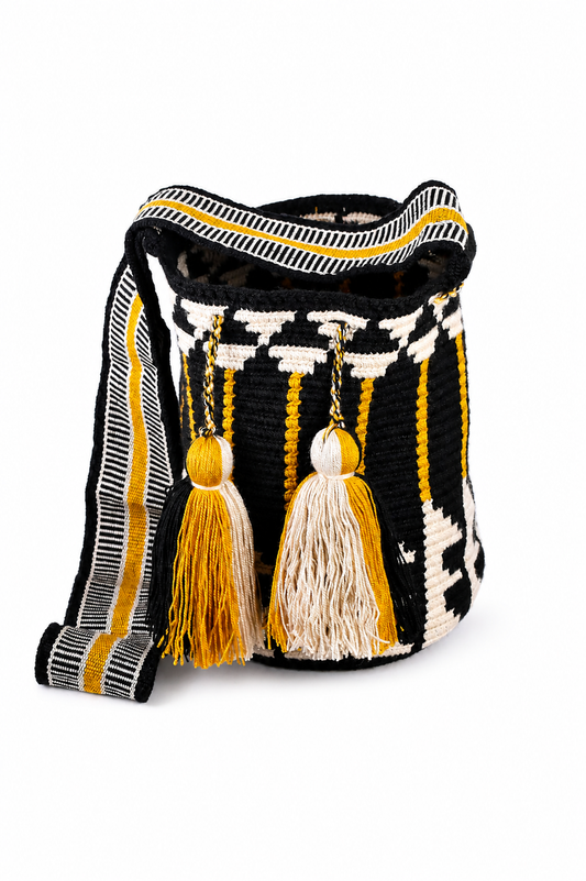 Black, Cream and Gold Handmade Wayuu Mochila Crossbody Bag with Geometric Pattern