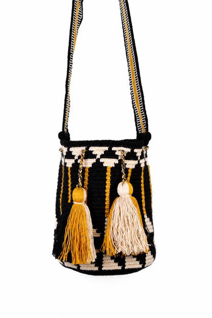 Black, Cream and Gold Handmade Wayuu Mochila Crossbody Bag with Geometric Pattern