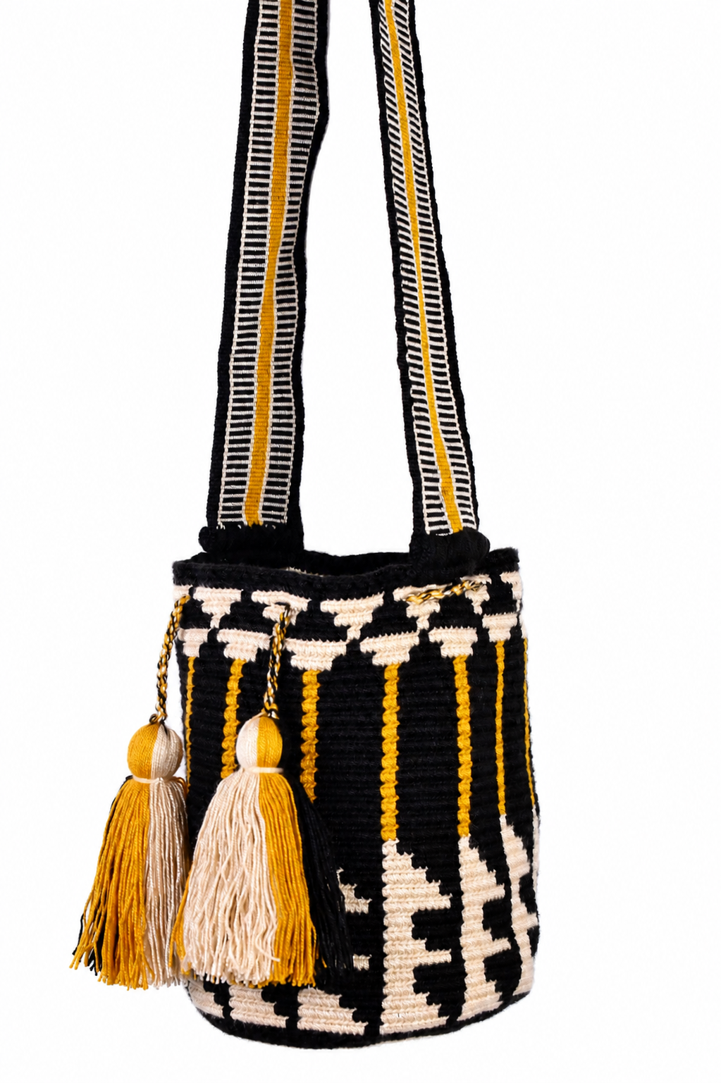 Black, Cream and Gold Handmade Wayuu Mochila Crossbody Bag with Geometric Pattern