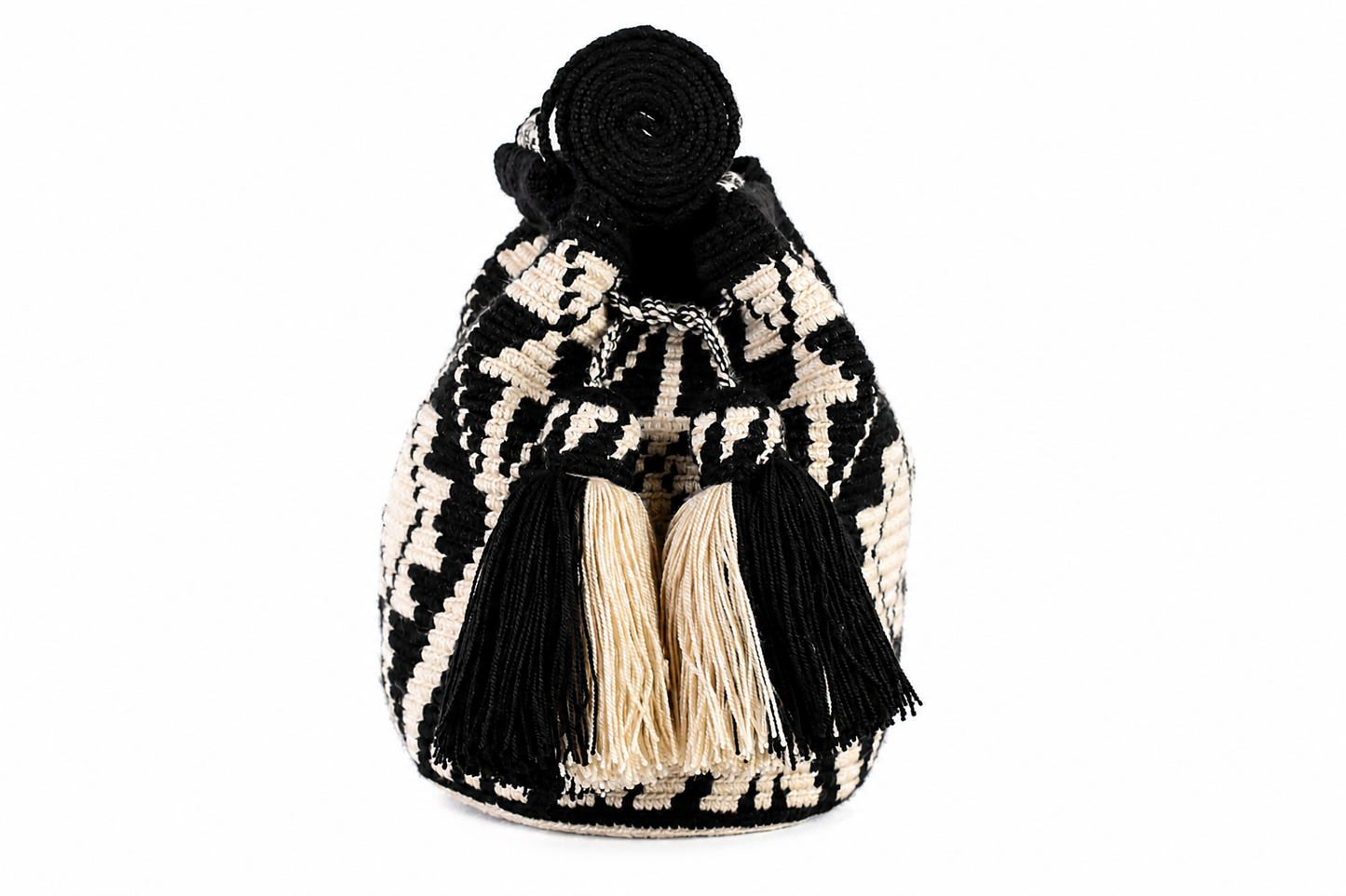 Handmade Wayuu Mochila Bag in Black and Cream Geometric Design