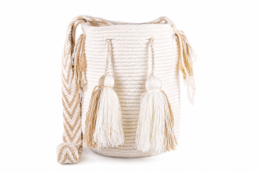 Handmade Wayuu Mochila Bag in Cream, Tan and Black Stripes