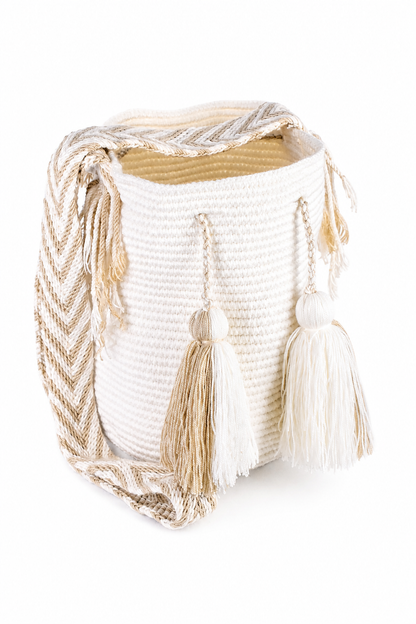 Handmade Wayuu Mochila Bag in Cream, Tan and Black Stripes