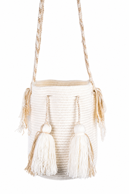 Handmade Wayuu Mochila Bag in Cream, Tan and Black Stripes