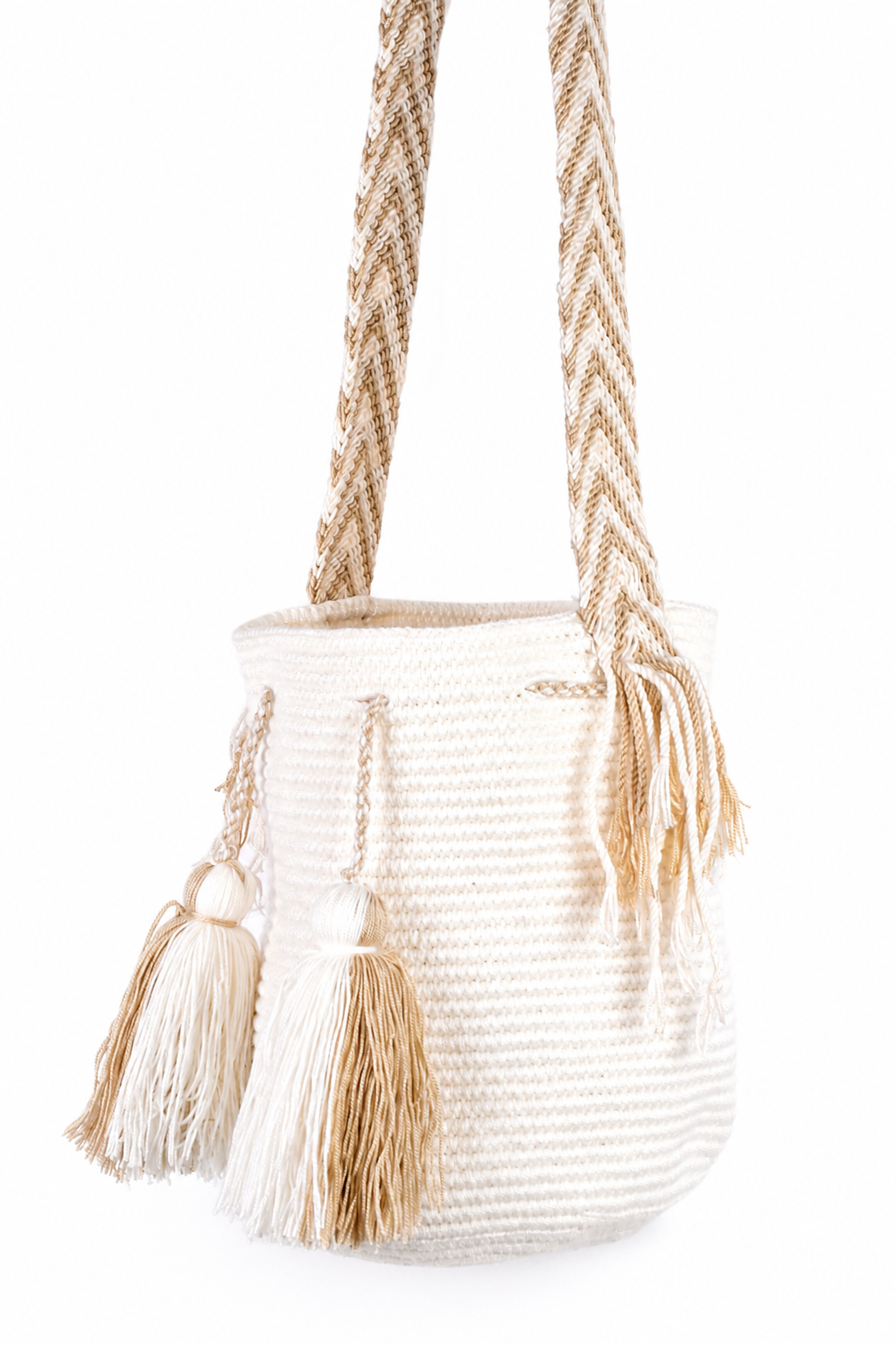 Handmade Wayuu Mochila Bag in Cream, Tan and Black Stripes