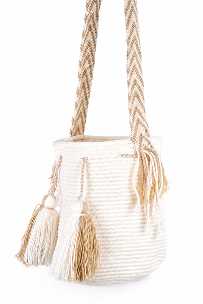 Handmade Wayuu Mochila Bag in Cream, Tan and Black Stripes