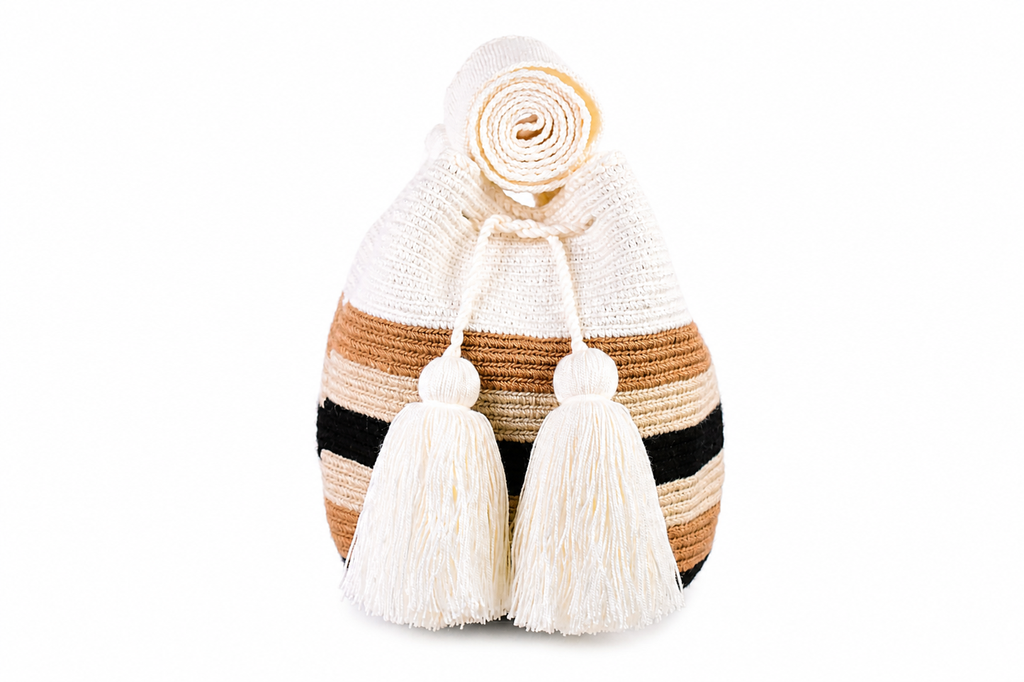 Handmade Wayuu Mochila Bag in Cream, Tan and Black Stripes