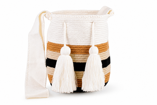 Handmade Wayuu Mochila Bag in Cream, Tan and Black Stripes