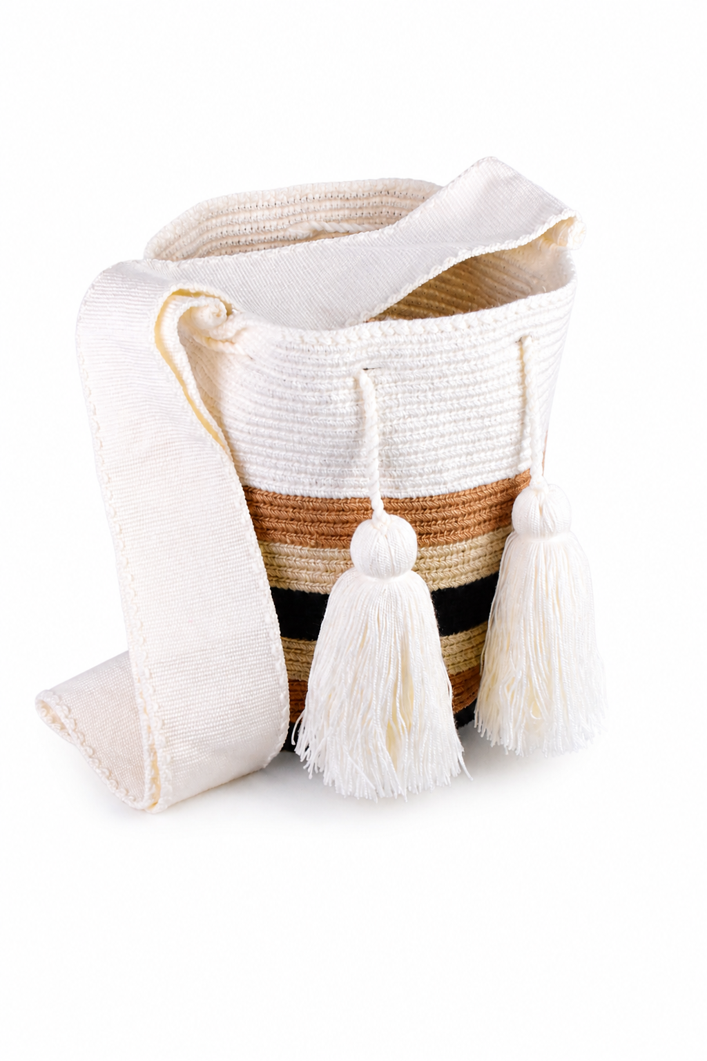 Handmade Wayuu Mochila Bag in Cream, Tan and Black Stripes