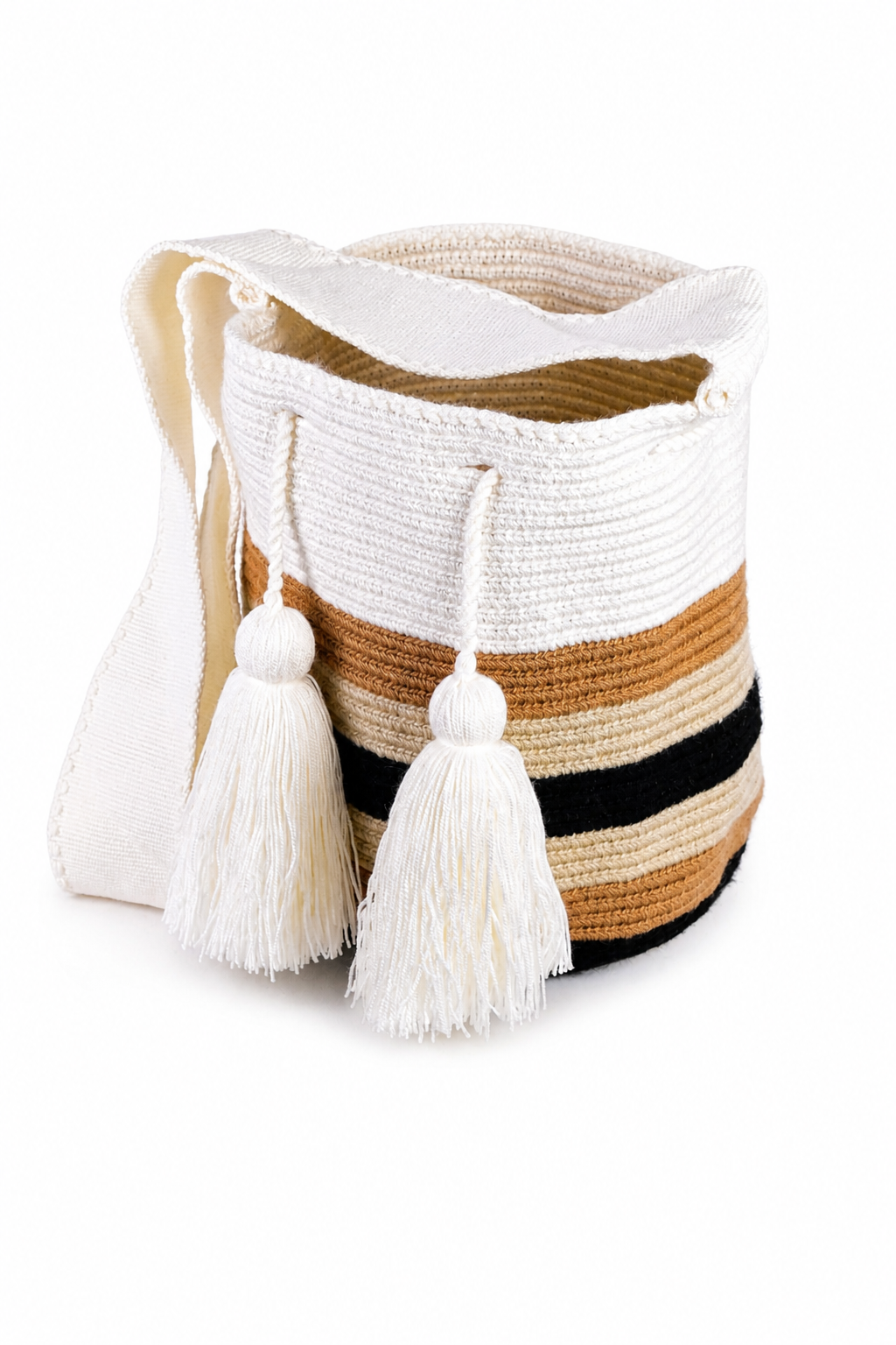 Handmade Wayuu Mochila Bag in Cream, Tan and Black Stripes