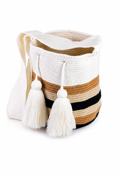 Handmade Wayuu Mochila Bag in Cream, Tan and Black Stripes