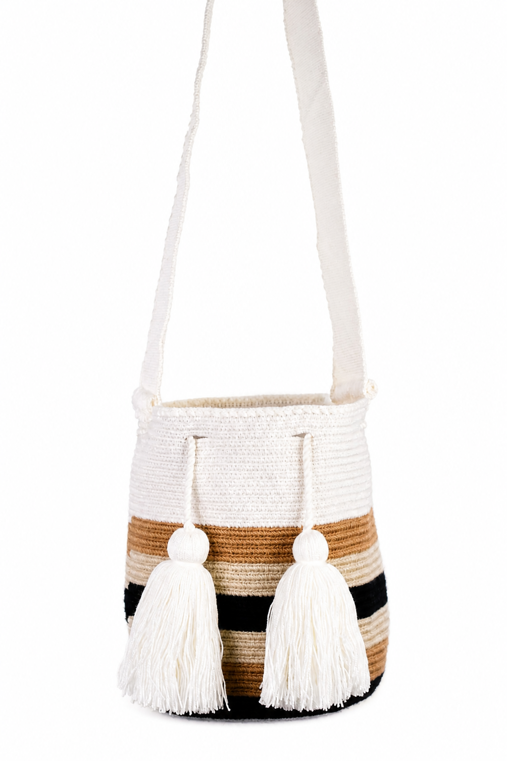 Handmade Wayuu Mochila Bag in Cream, Tan and Black Stripes