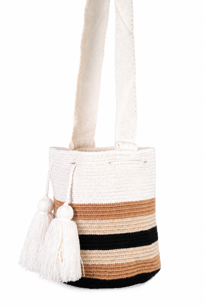 Handmade Wayuu Mochila Bag in Cream, Tan and Black Stripes