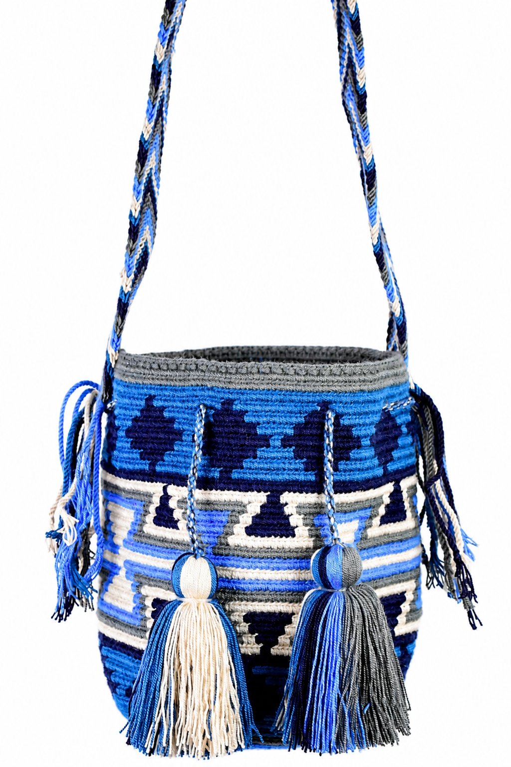 Handmade Blue Wayuu Crossbody Bag with Geometric Pattern and Tassels