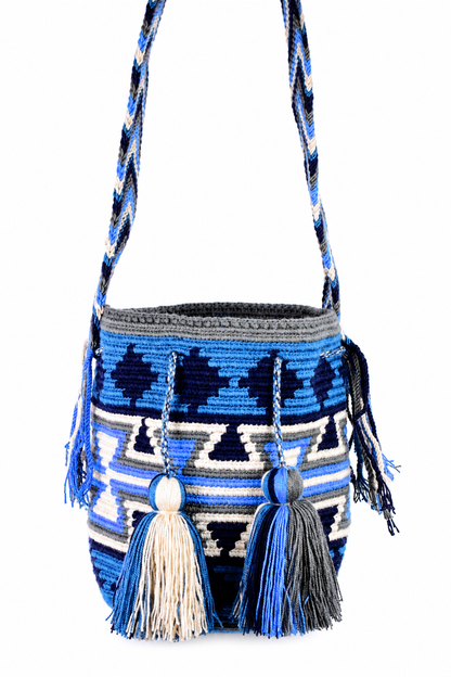 Handmade Blue Wayuu Crossbody Bag with Geometric Pattern and Tassels