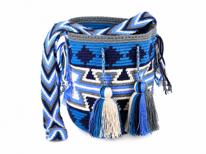 Handmade Blue Wayuu Crossbody Bag with Geometric Pattern and Tassels