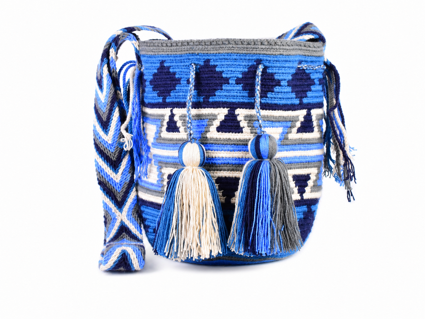 Handmade Blue Wayuu Crossbody Bag with Geometric Pattern and Tassels