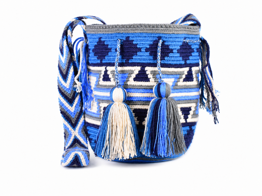 Handmade Blue Wayuu Crossbody Bag with Geometric Pattern and Tassels