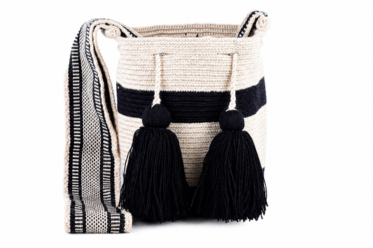 Black and Cream Handmade Wayuu Bucket Bag with Tassels