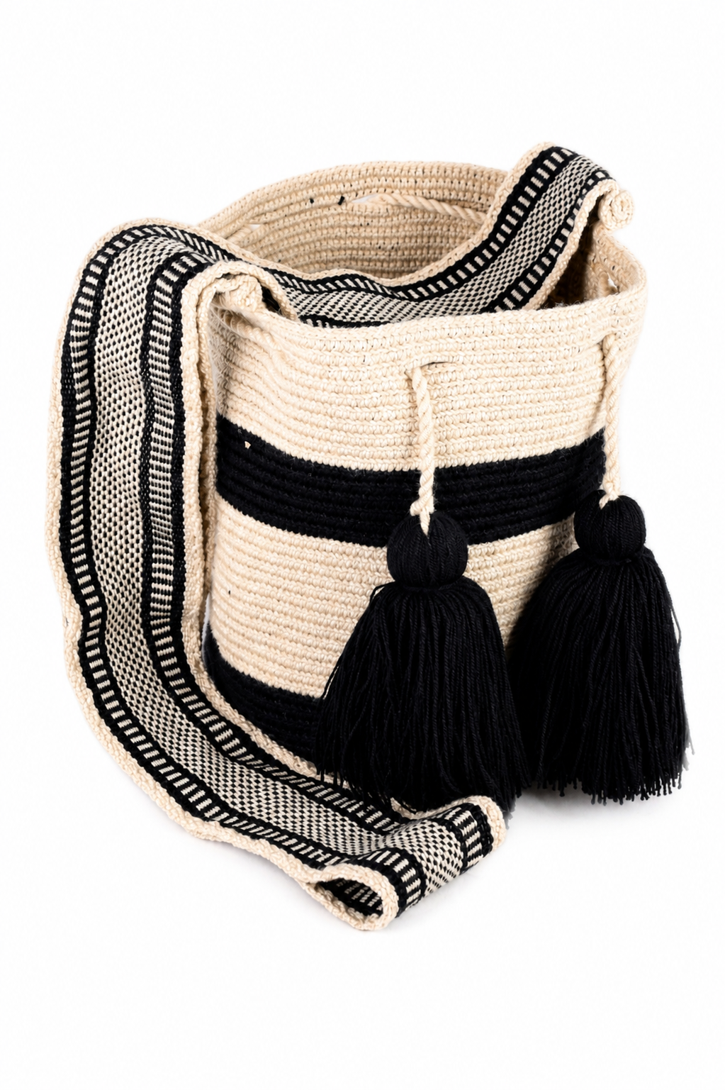 Black and Cream Handmade Wayuu Bucket Bag with Tassels