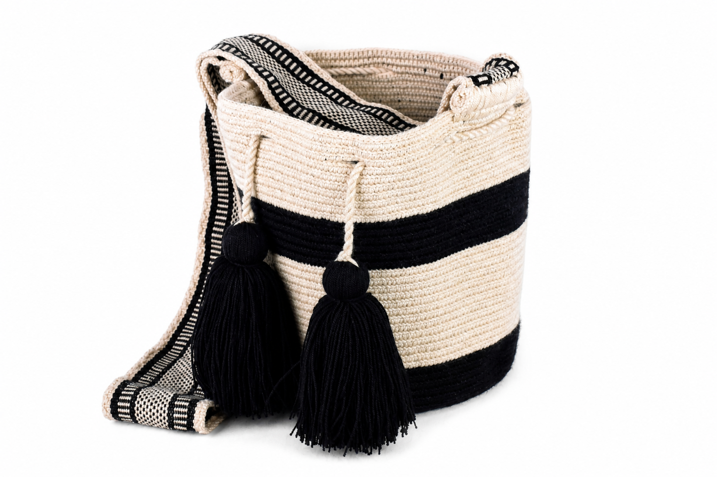 Black and Cream Handmade Wayuu Bucket Bag with Tassels