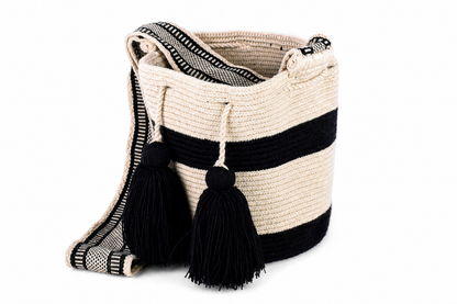 Black and Cream Handmade Wayuu Bucket Bag with Tassels