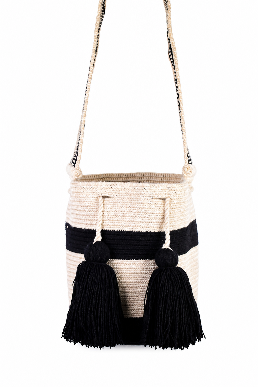 Black and Cream Handmade Wayuu Bucket Bag with Tassels