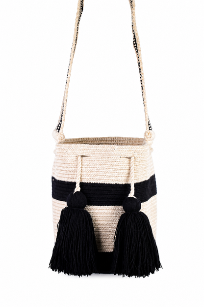 Black and Cream Handmade Wayuu Bucket Bag with Tassels